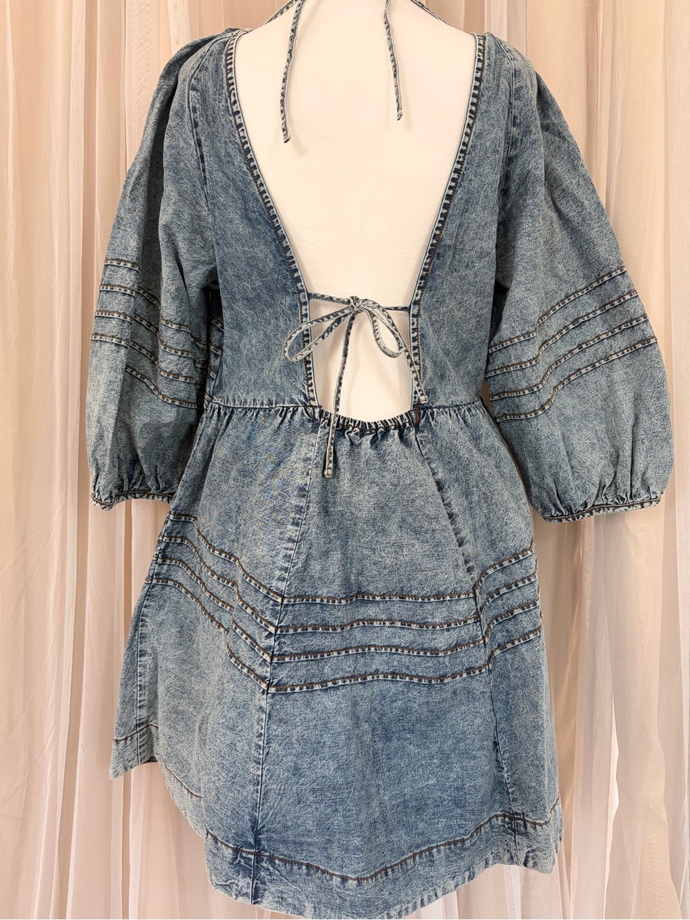 Free People Washed Blue Denim Open-Back Mini Dress